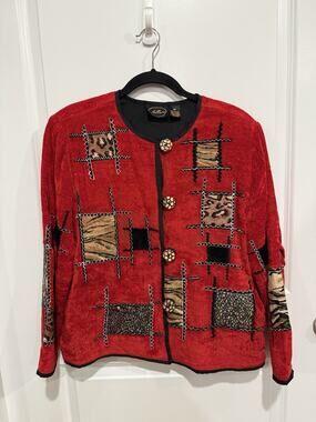 Allure Art to Wear Vintage Jacket RED Embroidered Women's SZ M Artsy Applique